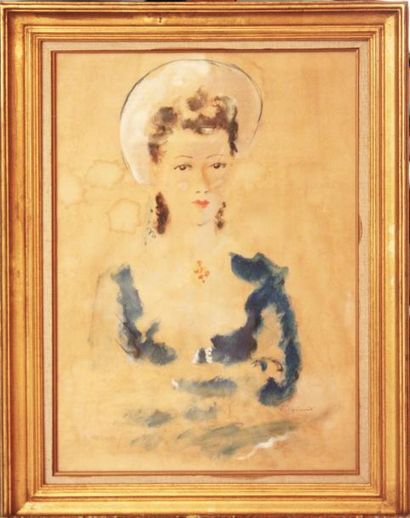null André DIGNIMONT (1891-1965) Portrait de femme au chapeau Gouache et crayon sur...