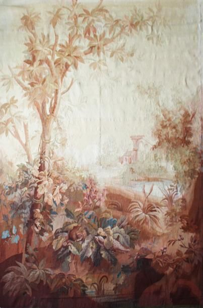  AUBUSSON Deux tapisseries en laine polychrome dites Verdures. Epoque Napoléon III...