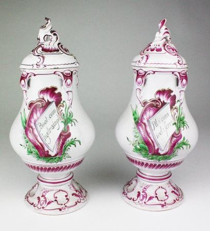 null LUNEVILLE Paire de vases couverts d'apothicairerie en faience de forme balustre...