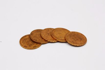null LOT DE CINQ PIECES en or jaune de 20 francs au profil de Leopold II datant de...