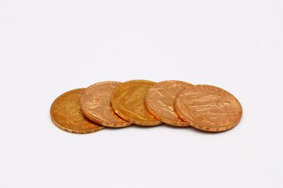 null 1 lot avec 5 PIECES de 20 francs, en or jaune de la République française: 1848,...