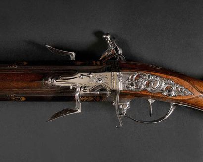 null Beau et rare fusil de chasse à silex par « PUIFORCAT » à deux canons superposés...