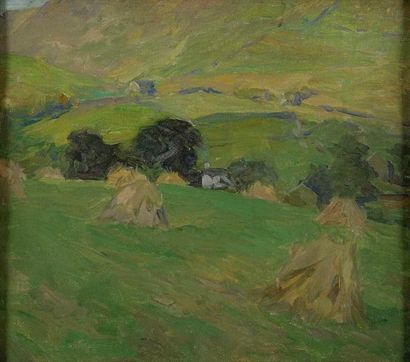 null FRANK BRAMLEY (1857-1915), attribué à Paysage vallonné aux bottes de foin Huile...