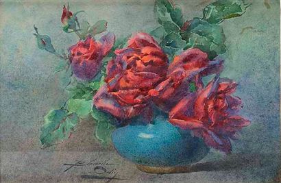 null BLANCHE ODIN (1865-1957) Bouquet de roses dans un vase turquoise Aquarelle Signée...