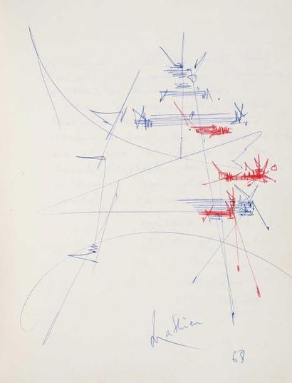 null GEORGES MATHIEU (1921-2012) Sans titre, 1968 Dessin au stylo bille bleu et rouge...