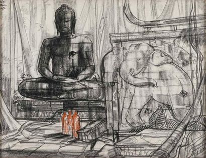 null ANDRE MAIRE (1898-1984) Bouddha monumental et éléphant dans un temple, 1956...