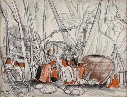 null ANDRE MAIRE (1898-1984) Marchandes asiatiques en forêt, 1954 Fusain et sanguine...