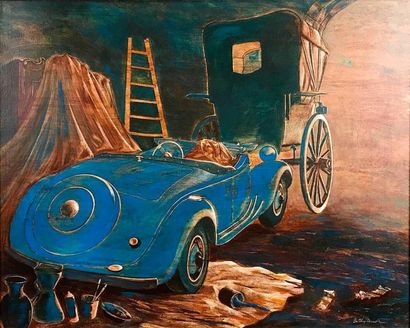 null BILLY RENOIR (Né en 1943) Voiture bleue au garage Huile sur toile signée en...