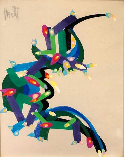 null RAYMOND MORETTI (1931-2005) Serpent à plumes Gouache sur papier Signée en haut...