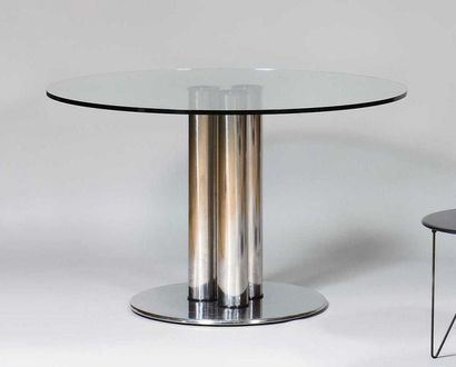 null MARCO ZANUSO (1916-2001) Edition Zanotta « Marcuso » Guéridon à dalle de verre...