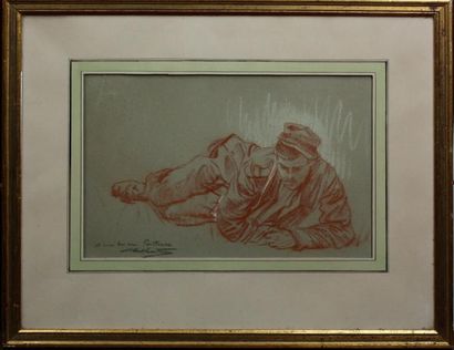 null Albert François LARTEAU (1870-?) Le Soldat couché Sanguine Signé en bas à gauche...