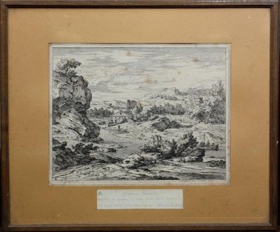null Abraham GEONELS (1640-1723) Paysage animé au village près d'une rivière Eau-forte...