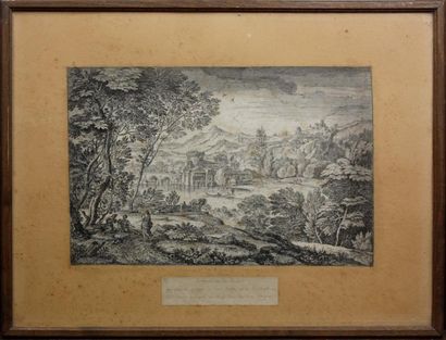 null Abraham GEONELS (1640-1723) Paysage animé au village près d'une rivière Eau-forte...