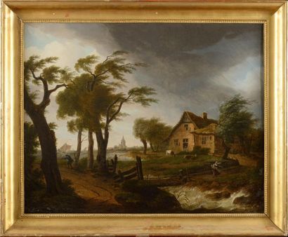 null Frans SWAGERS (1756-1836) Paysage animé à l'orée d'une tempête Huile sur toile...