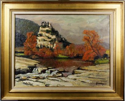 null Gustave HERVIGO (1896-1993) Chute de la Ceze à Laroque (gard) Huile sur toile...