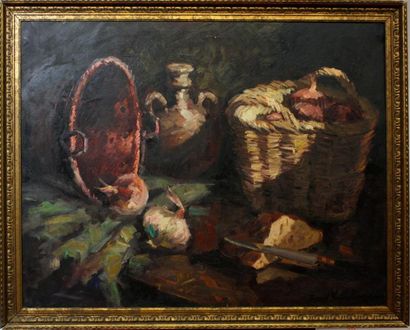 null ECOLE RUSSE du XX ème siècle Nature morte aux oignons Huile sur toile signée...