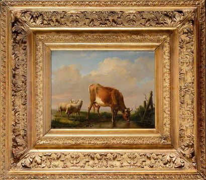 null Louis Pierre VERWEE (1807-1877) Vache et moutons dans les paturages Huile sur...
