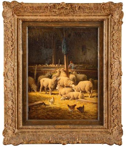 null Charles CLAIR (1860-1930) Poules et moutons à la bergerie Huile sur toile (restaurations)...