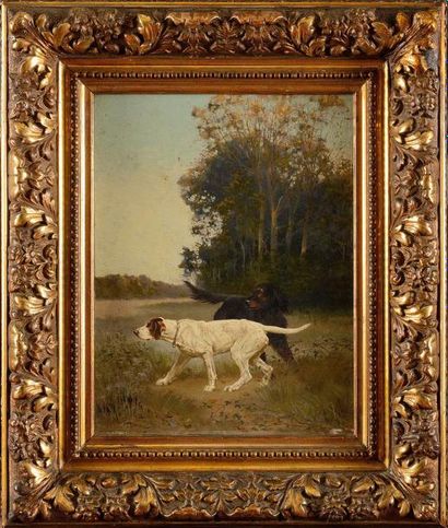 null Tristan LACROIX (1849-1914) Chiens de chasse à l'arret Huile sur panneau Signé...