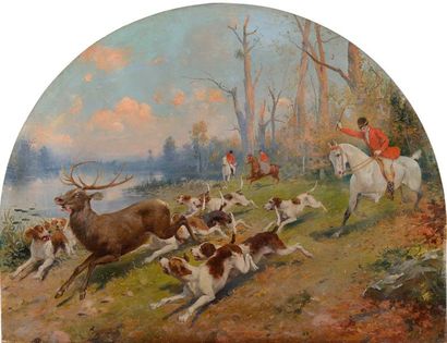 null Hippolyte LUCAS (1854-1925) Scène de chasse à courre Huile sur toile de format...