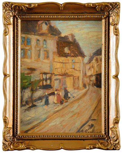 null Auguste PEGURIER (1856-1936) Promenade dans la vieille ville Huile sur panneau...