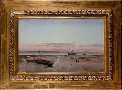 null Paul SAIN (1853-1908) Promenade sur la plage au clair de lune Huile sur toile...