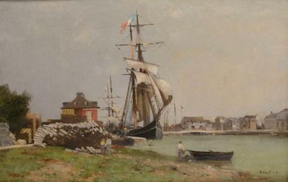 null Germain Fabius BREST (1823-1900) L’embarquement Huile sur toile Signée en bas...