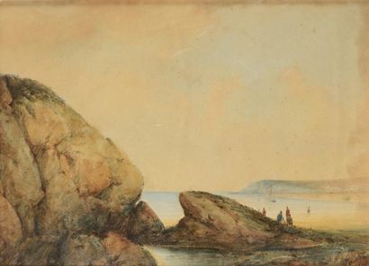 null Théodore GUDIN (1802-1880) Bord de mer animé Aquarelle Signée et datée 1828...