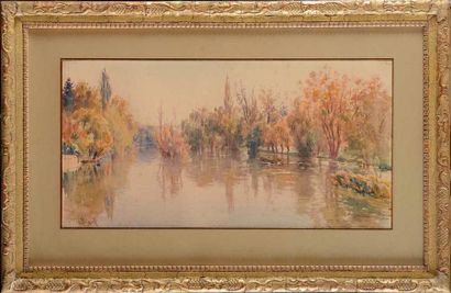 null Alphonse BIRCK (1859-1942) Vue sur l'étang Aquarelle Signée en bas à gauche...