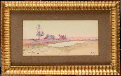 null Alphonse REY (1865-1938) L'Oasis Aquarelle Signée en bas à droite 15 x 32,5...