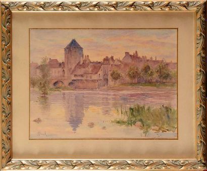 null Alphonse BIRCK (1859-1942) Vue du pont de Moret sur Loing Aquarelle Signée en...