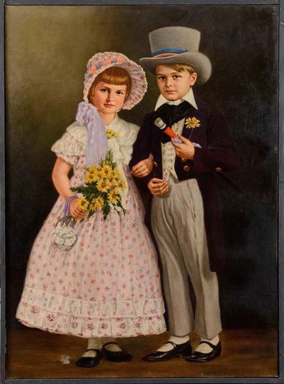 null ANONYME (début XXe) Deux enfants en tenus de fête Huile sur toile (petits accidents...