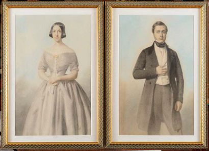 null Firmin SALABERT (1811-1895) Portraits de gens de qualité Paire de pastels Signés...