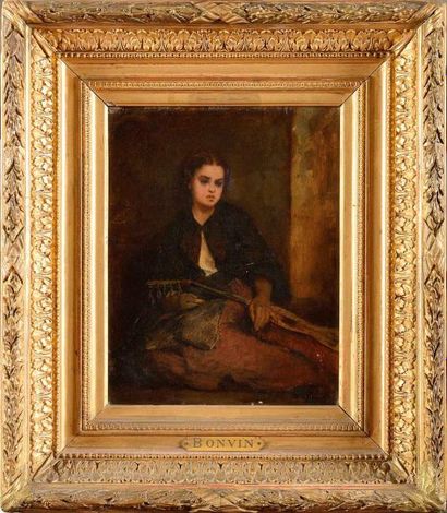 null François BONVIN (1817-1887), Attribué à Portrait de femme à la mandoline Huile...