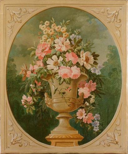 null ÉCOLE FRANÇAISE du XIXe siècle Vasque fleurie Huile sur toile à vue ovale (petit...