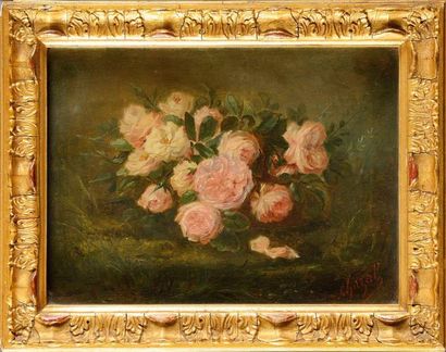 null J. CHAZAL (fin XIXe siècle) Corbeille de roses Huile sur panneau Signé en bas...