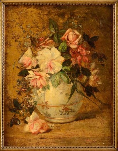 null X. BILLARD (XIXe siècle) Bouquet de roses Huile sur toile (restaurations et...