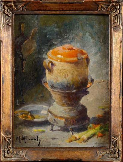 null Maurice Louis MONNOT (1869-1937) Le pot au feu Huile sur panneau Signé en bas...