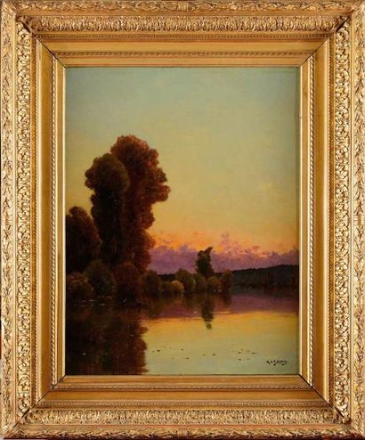 null Hippolyte Camille DELPY (1842-1910) Crépuscule Huile sur panneau Signé en bas...