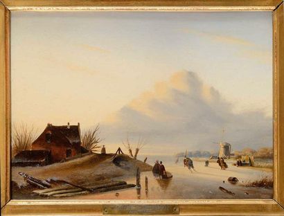 null Andreas SCHELFHOUT (1787-1870) Patineurs sur un canal gelé Huile sur panneau...