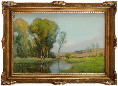 null André DES FONTAINES (1869-1910) Paysage animé à l'étang Pastel Signé en bas...