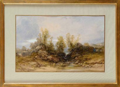 null Hippolyte LEBAS (1812-1880) Ruisseau aux rochers et arbres, 1873 Aquarelle gouachée...