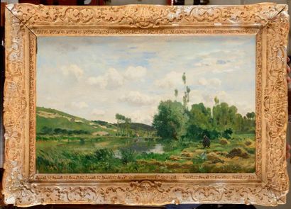 null Edmond Charles YON (1836-1897) Pêcheur en bord d'étang Huile sur toile Signée...