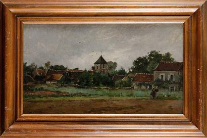 null Paul LECOMTE (1842-1920) Village au clocher Huile sur papier marouflé sur isorel...