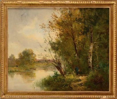 null Alphonse LEVY (fin XIXe-début XXe siècles) Pêcheur à la rivière Huile sur toile...
