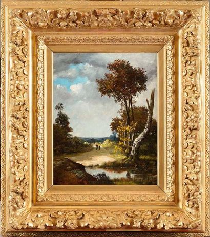 null Jules DUPRÉ (1811-1889) Paysage animé au lac Huile sur toile marouflée sur carton...