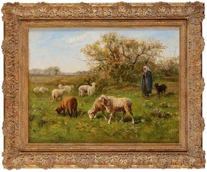null Albert CHARPIN (1842-1924) La bergère et ses moutons Huile sur toile (rentoilée)...