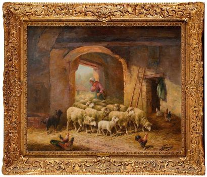 null Jeanne FROMENT (XIXe-XXe) Moutons dans la bergerie Huile sur toile Signée en...