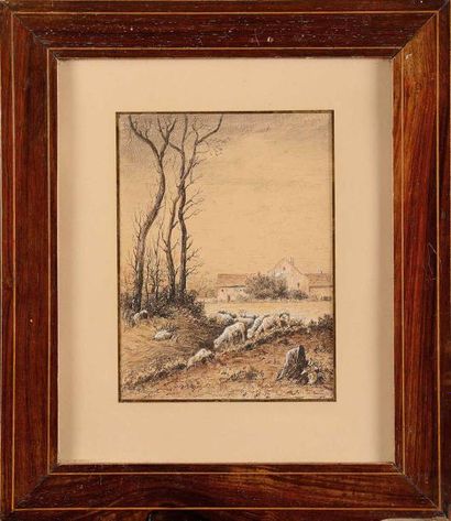 null Félix Saturnin BRISSOT DE WARVILLE (1818-1892) Moutons près de la bergerie Dessin...