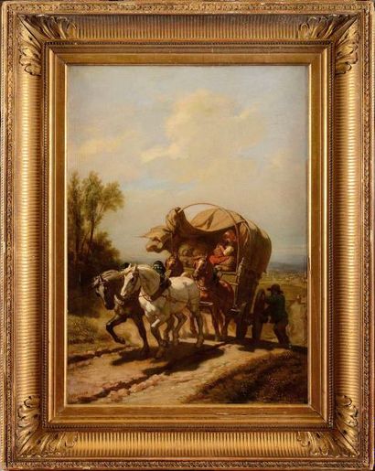 null Alexandre JOSQUIN (XIXe) Le chariot dans la montée Huile sur toile (restaurations)...